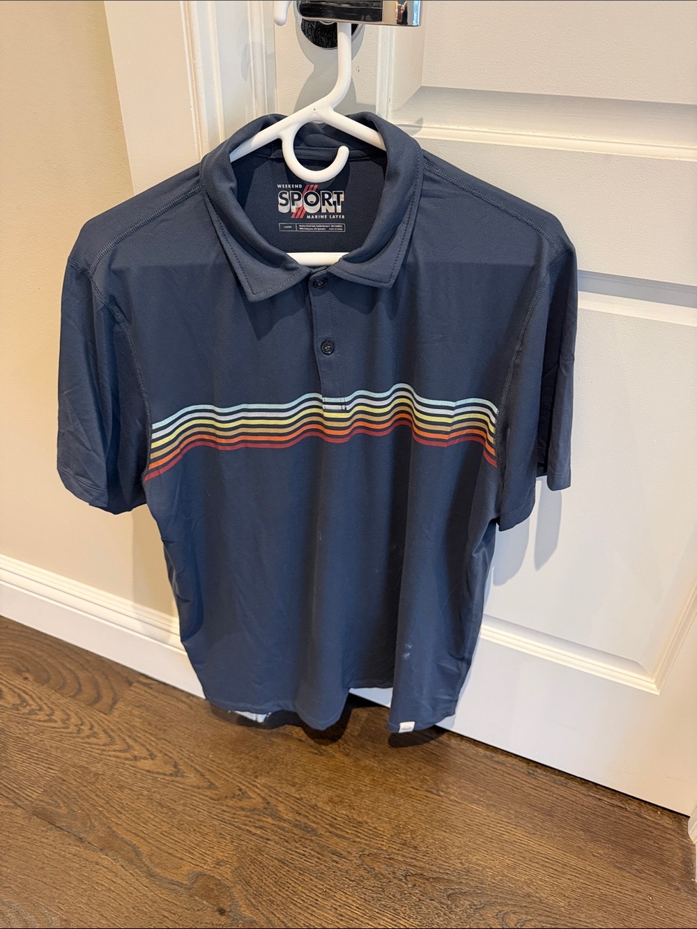 Marine Layer Navy Polo with Horizontal Rainbow Stripe